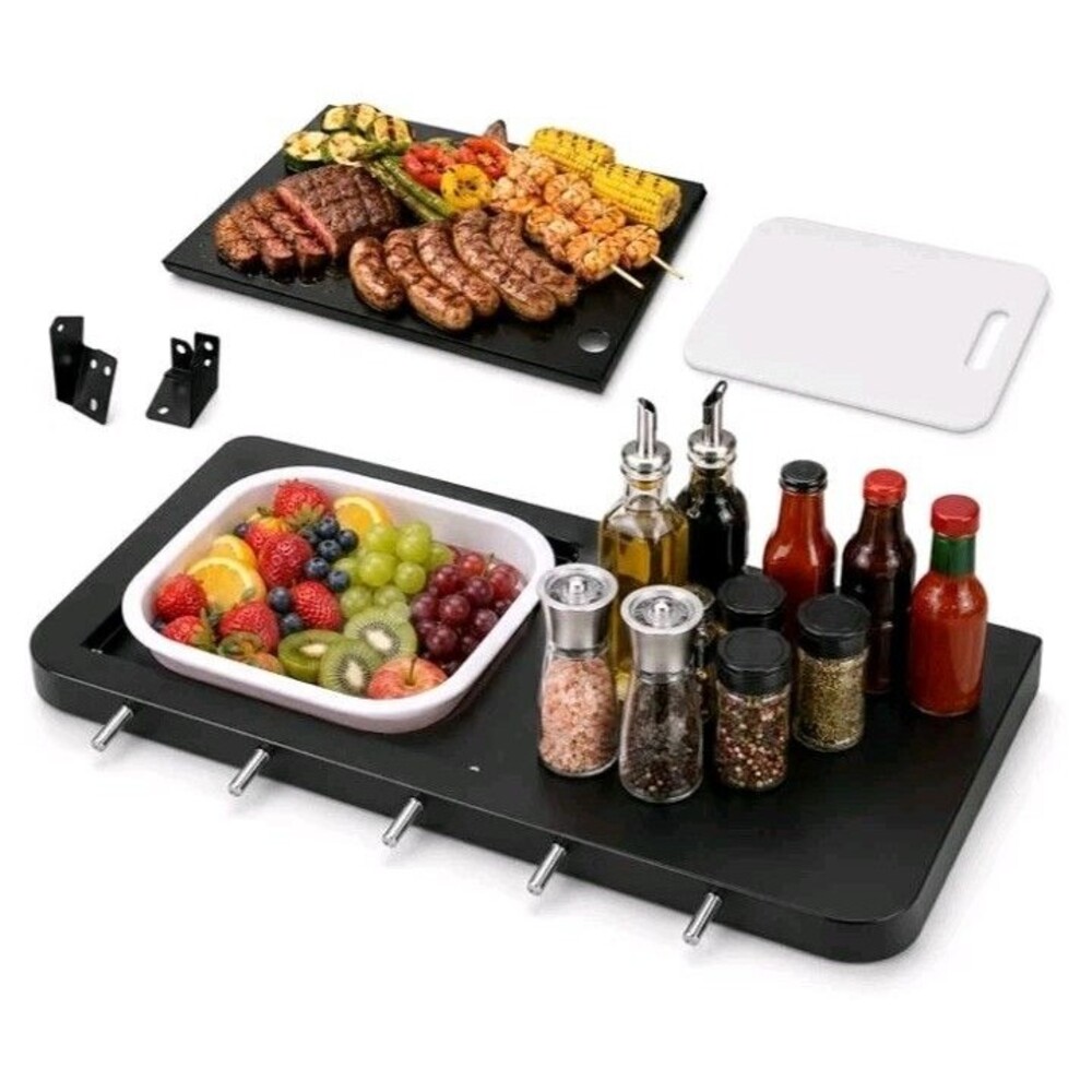 3 in 1 Foldable Grill Table Front Shelf w/ Cutting Board Collapsible Wash Hooks